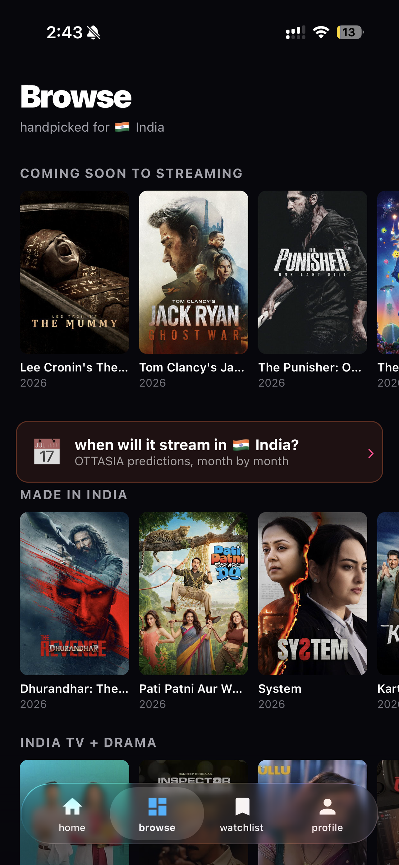 OTTASIA native app browse tab — K-drama, Bollywood, Turkish, anime rails