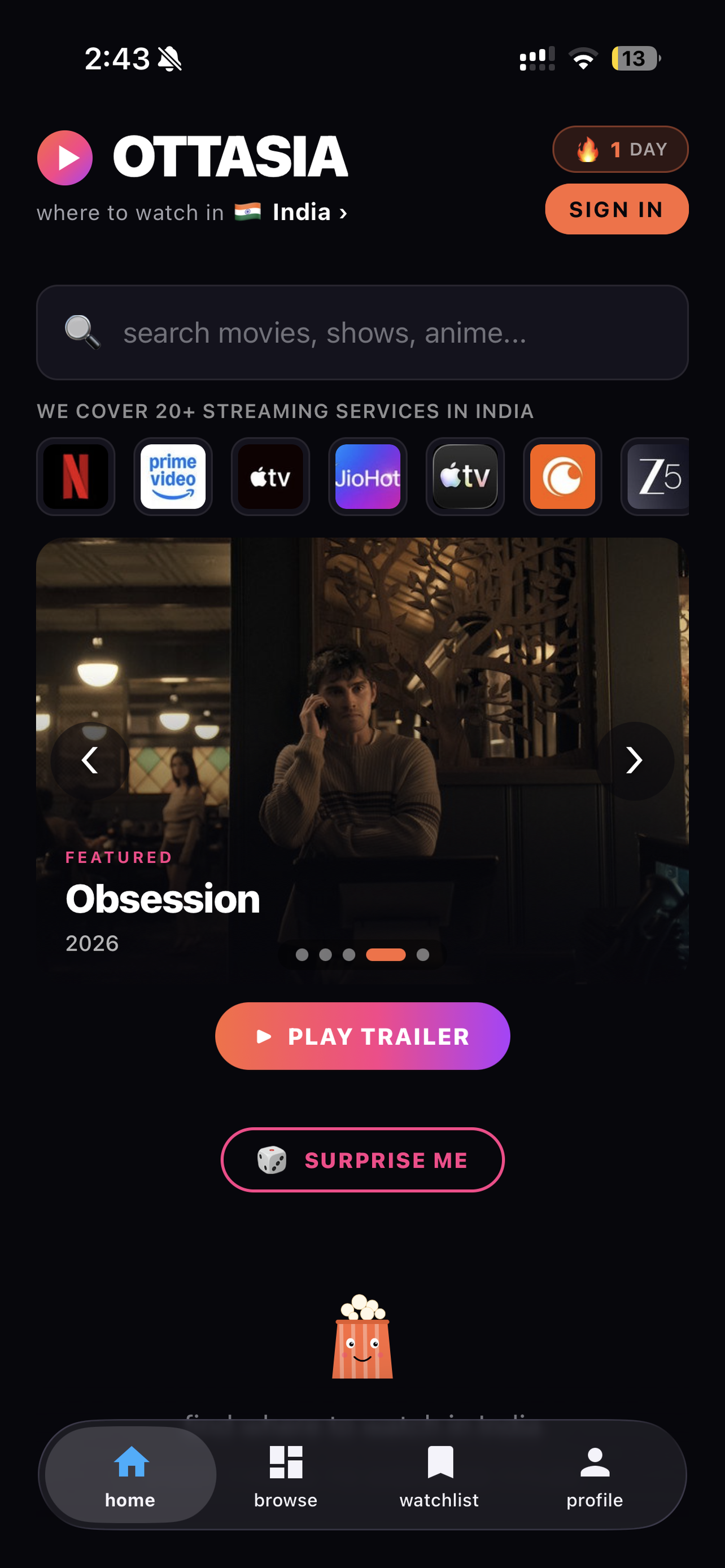 OTTASIA native app home screen — search, country picker, featured trailer carousel
