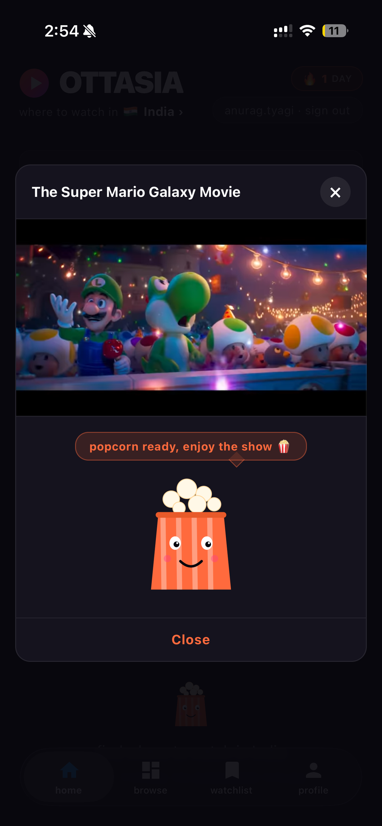 OTTASIA native app — trailer playback with Otto popcorn mascot