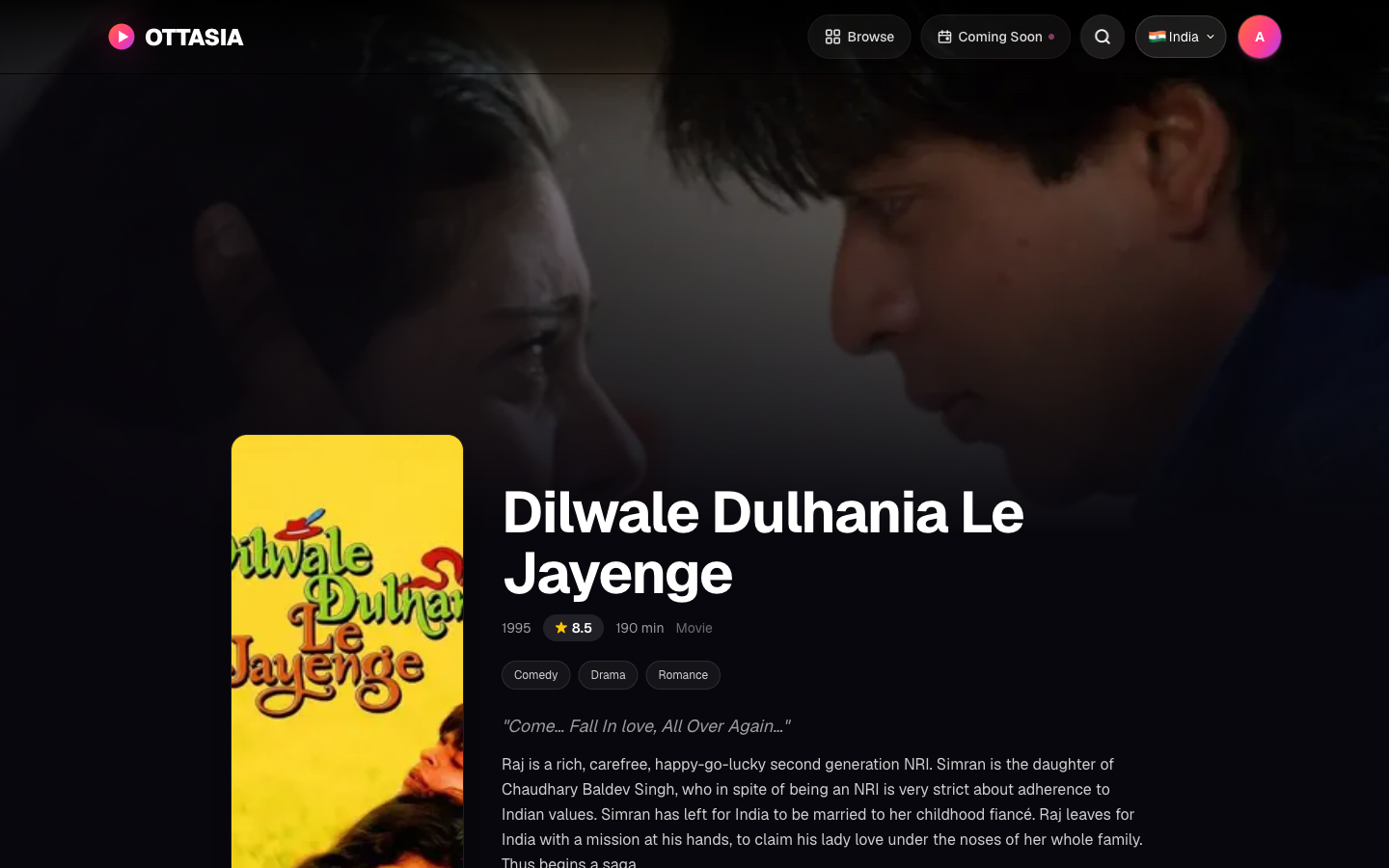 OTTASIA title page for Dilwale Dulhania Le Jayenge in India